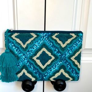 Turquoise, blue and cream beaded/sequined Boho tassel envelope clutch purse